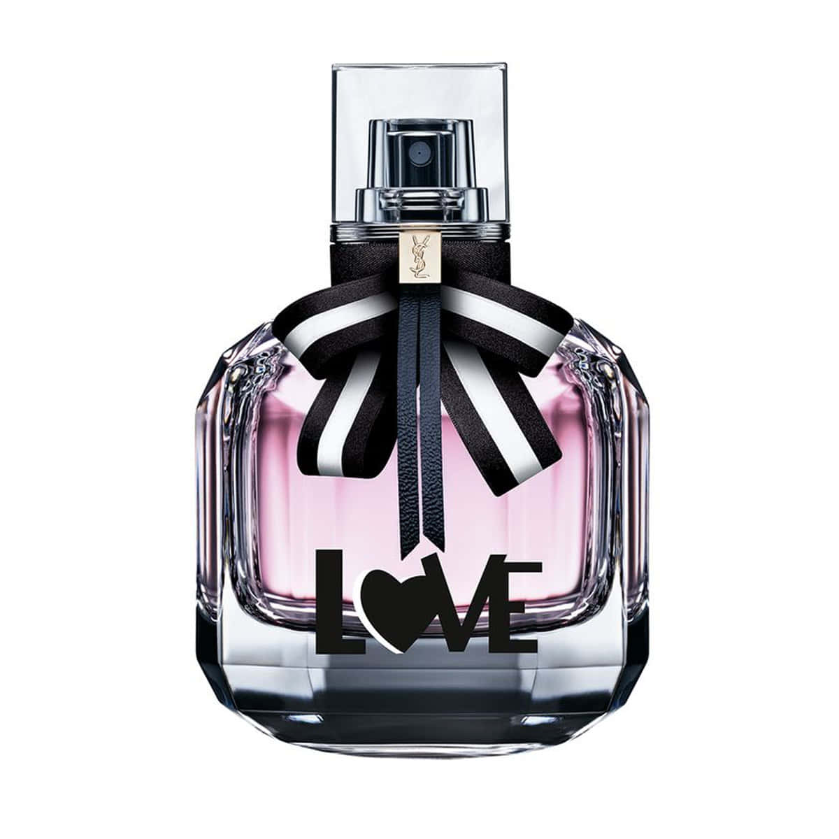 Ysl 桌布 壁紙 — 一個時尚的香水瓶，內有粉紅色液體，配上黑白條紋蝴蝶結，上面以粗體黑色字母寫著LOVE。
