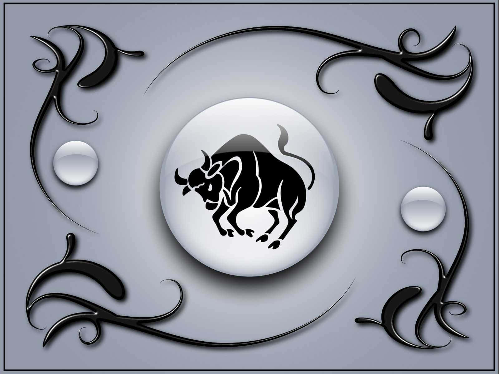 taurus 桌布 壁紙 — 一個時尚的黑牛剪影大膽地立於銀色球體上，以優雅的黑色漩渦花絲圖案框住，背景為柔和的灰色。