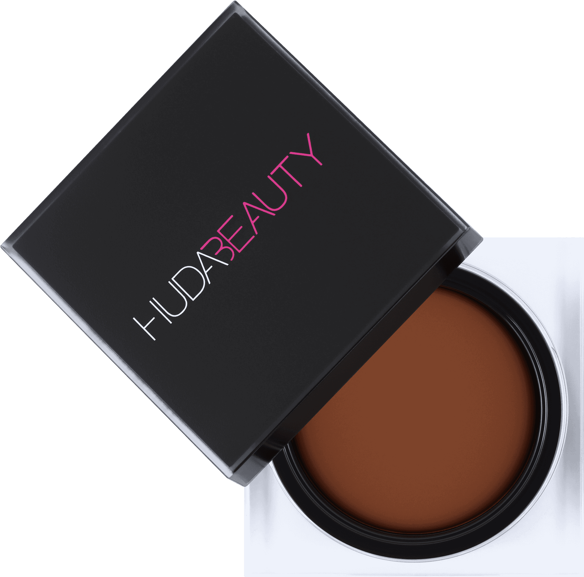 Cosmetics Products 桌布 壁紙 — 一個時尚的黑白Huda Beauty化妝粉盒，內含豐富的棕色粉末，置於黑色背景上。
