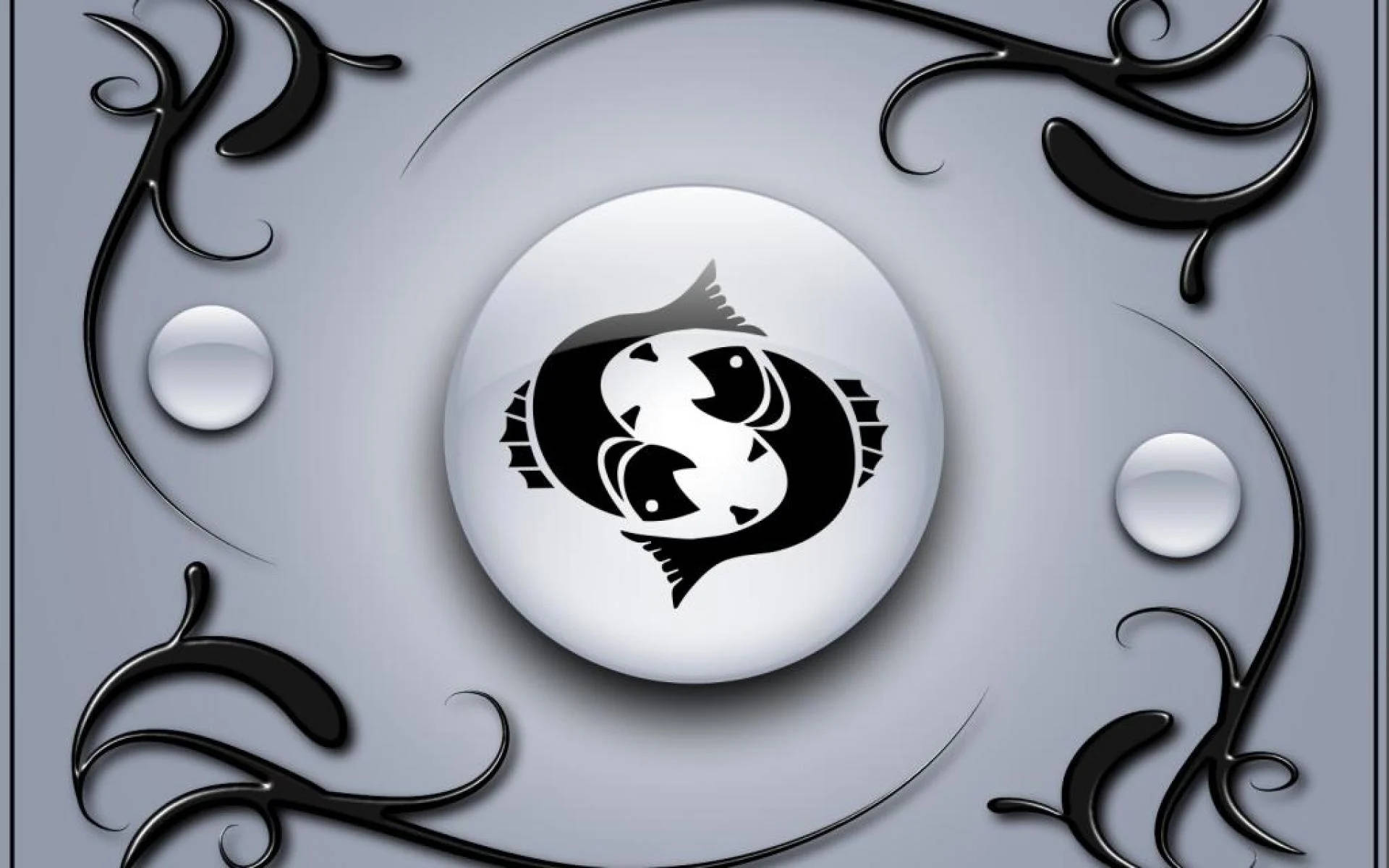 雙魚座 桌布 壁紙 — 一個時尚的黑白陰陽魚符號，位於銀色球體中央，周圍環繞著華麗的漩渦圖案。
