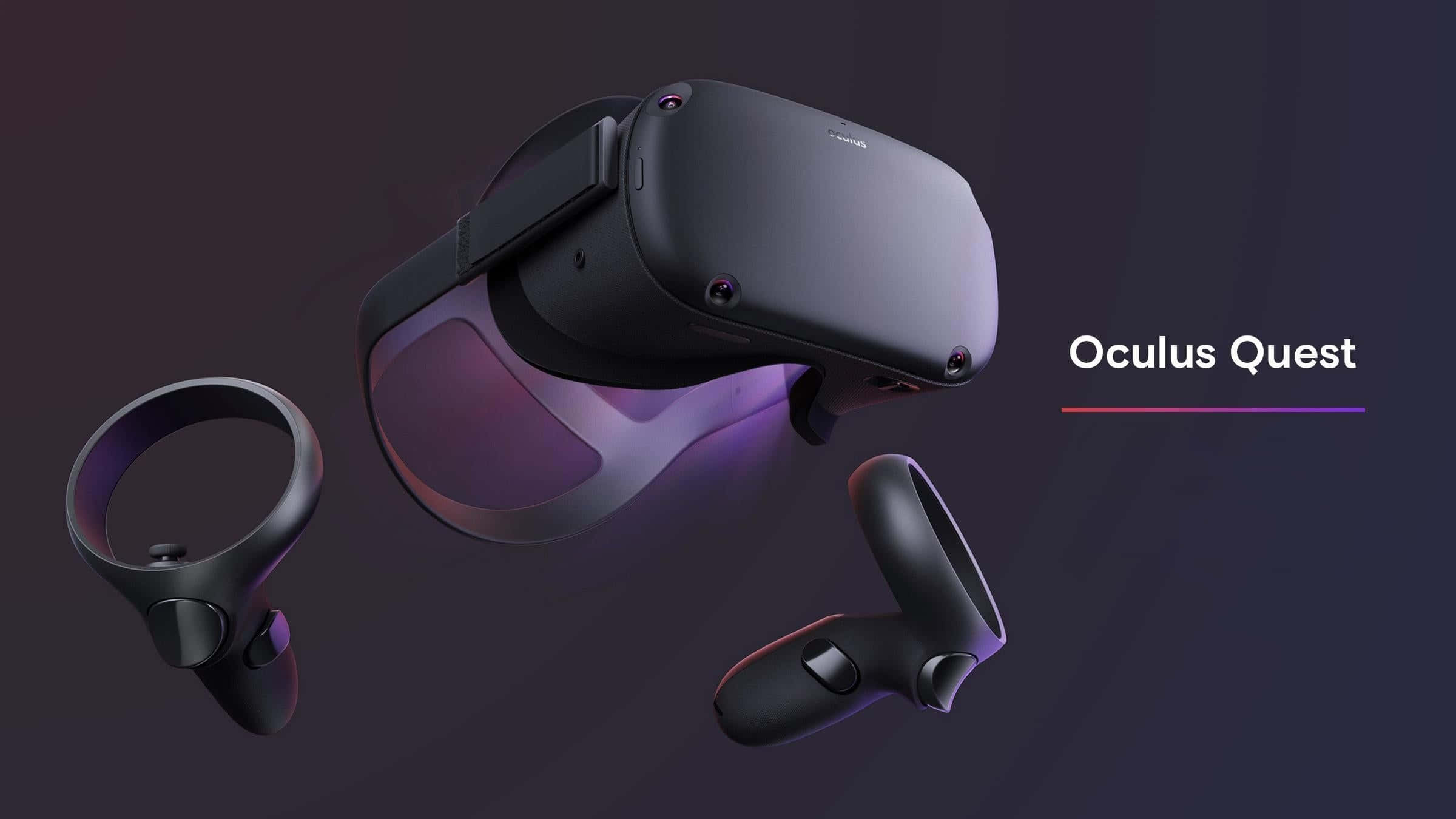 Oculus Quest 2 桌布 壁紙 — 一個時尚的黑色 Oculus Quest VR 頭戴式裝置和控制器在帶有紫色燈光點綴的深色漸變背景上漂浮。