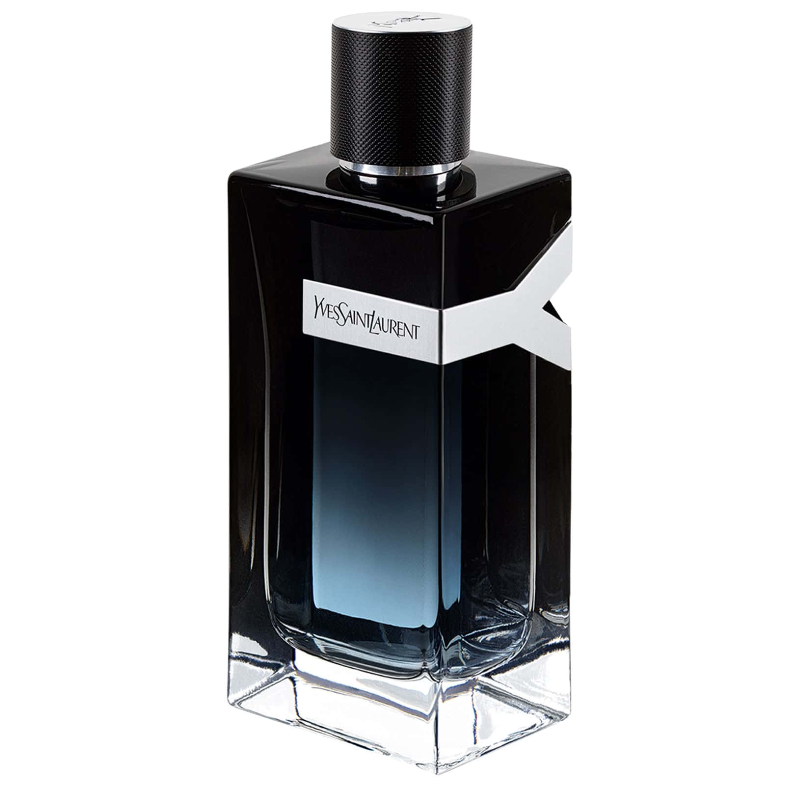 YSL 桌布 壁紙 — 一個時尚的黑色 Yves Saint Laurent 香水瓶，帶有銀色瓶蓋和漸變藍色液體，背景為白色。