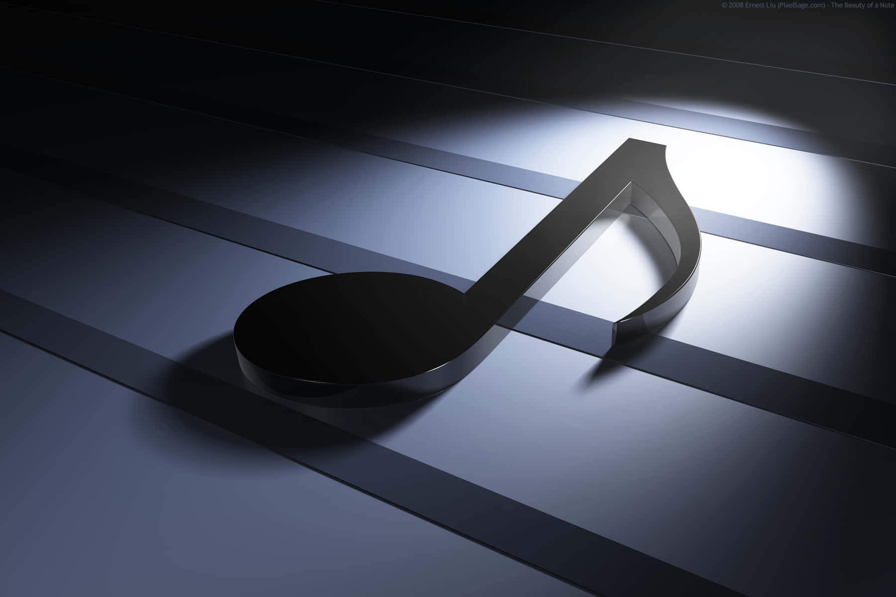音樂 桌布 壁紙 — 一個時尚的黑色3D音符在戲劇性聚光燈下停留在發光的藍色條紋上。