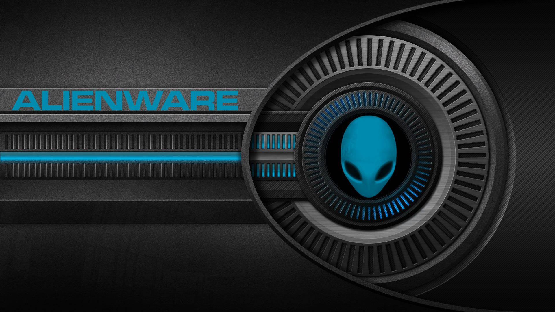 外星人 桌布 壁紙 — 一個時尚的黑色Alienware標誌，帶有發光的藍色外星人頭部和文字，背景為紋理科技背景。