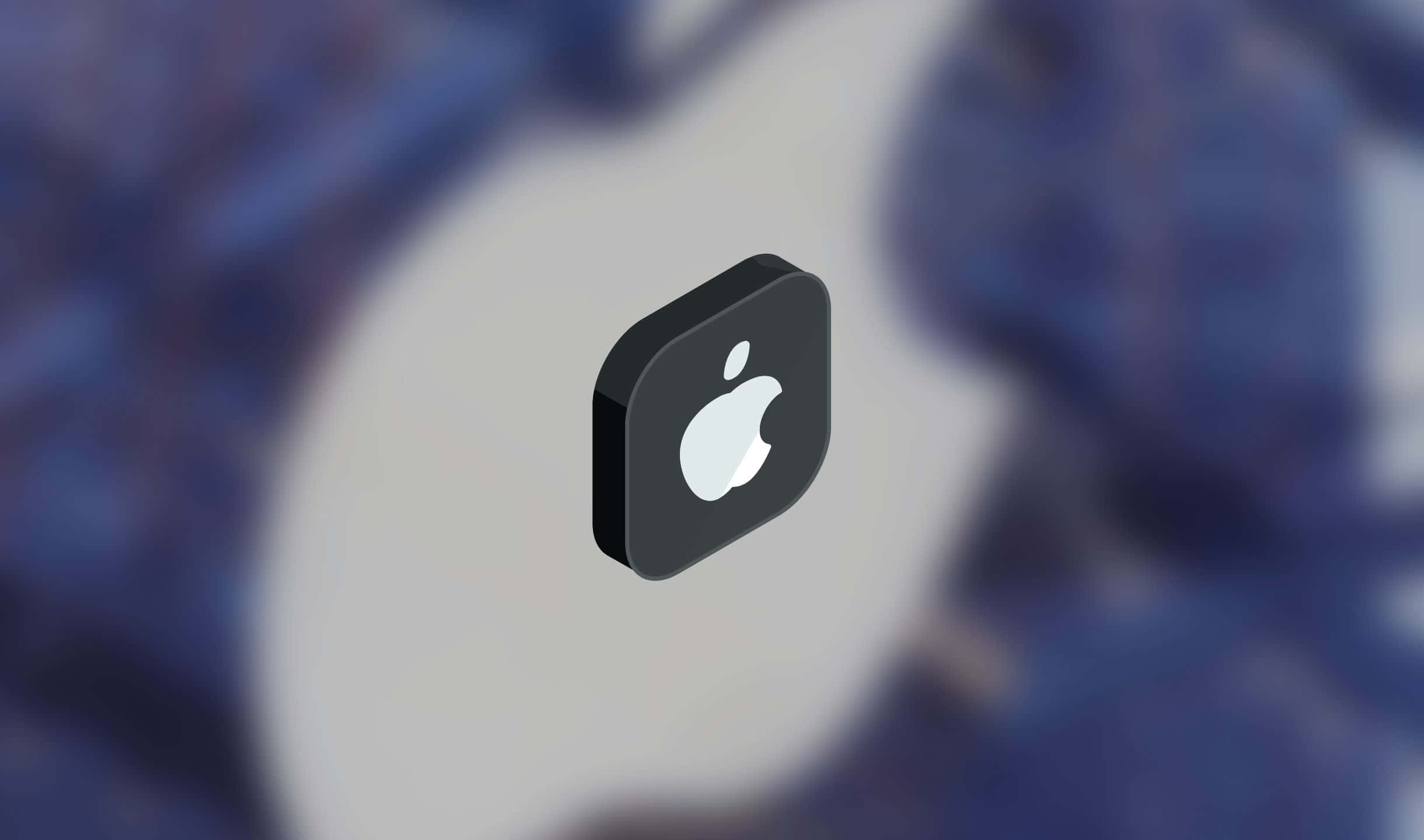 蘋果 桌布 壁紙 — 一個時尚的黑色Apple應用程式圖示漂浮在模糊的藍色和白色抽象背景上。