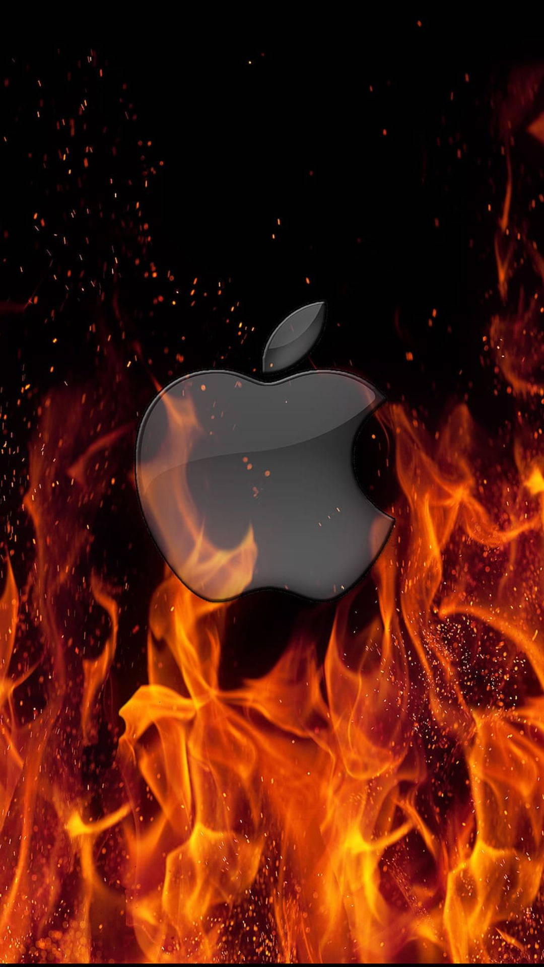Apple標誌在深色背景上被火焰吞噬。 — 蘋果標誌 GIF 壁紙