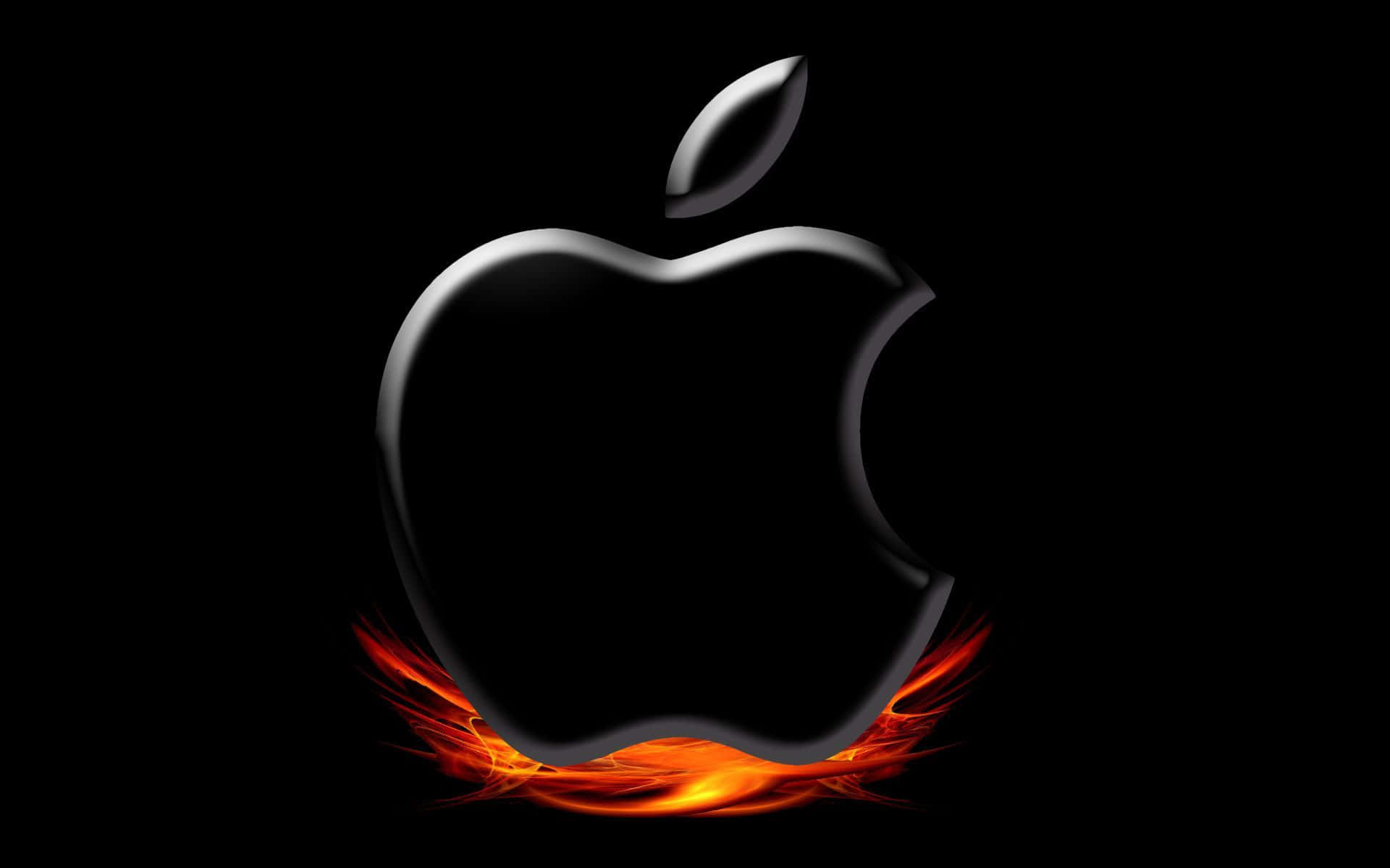 火焰動畫 桌布 壁紙 — 一個時尚的黑色Apple標誌，底部有熾熱的橙色火焰在深色背景上旋轉。