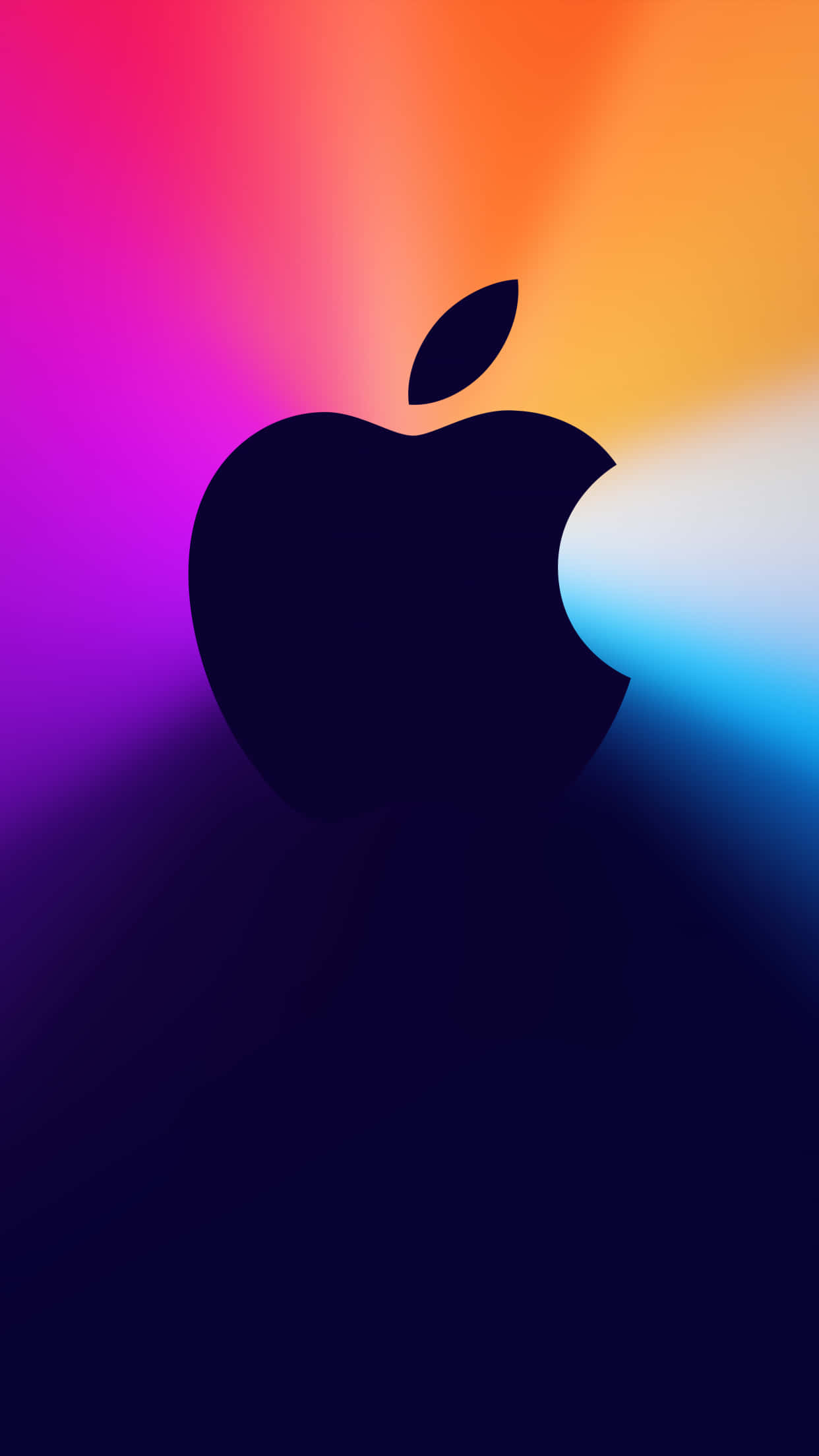 Pixel 3 Apple 桌布 壁紙 — 一個時尚的黑色Apple標誌剪影，矗立在充滿活力的洋紅色、橙色和藍色漸變背景上。