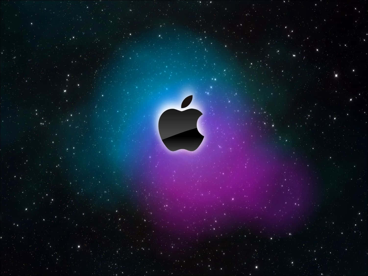 Gambar 桌布 壁紙 — 一個時尚的黑色Apple標誌在星空和旋轉的藍綠色紫色星雲的宇宙背景下發光。