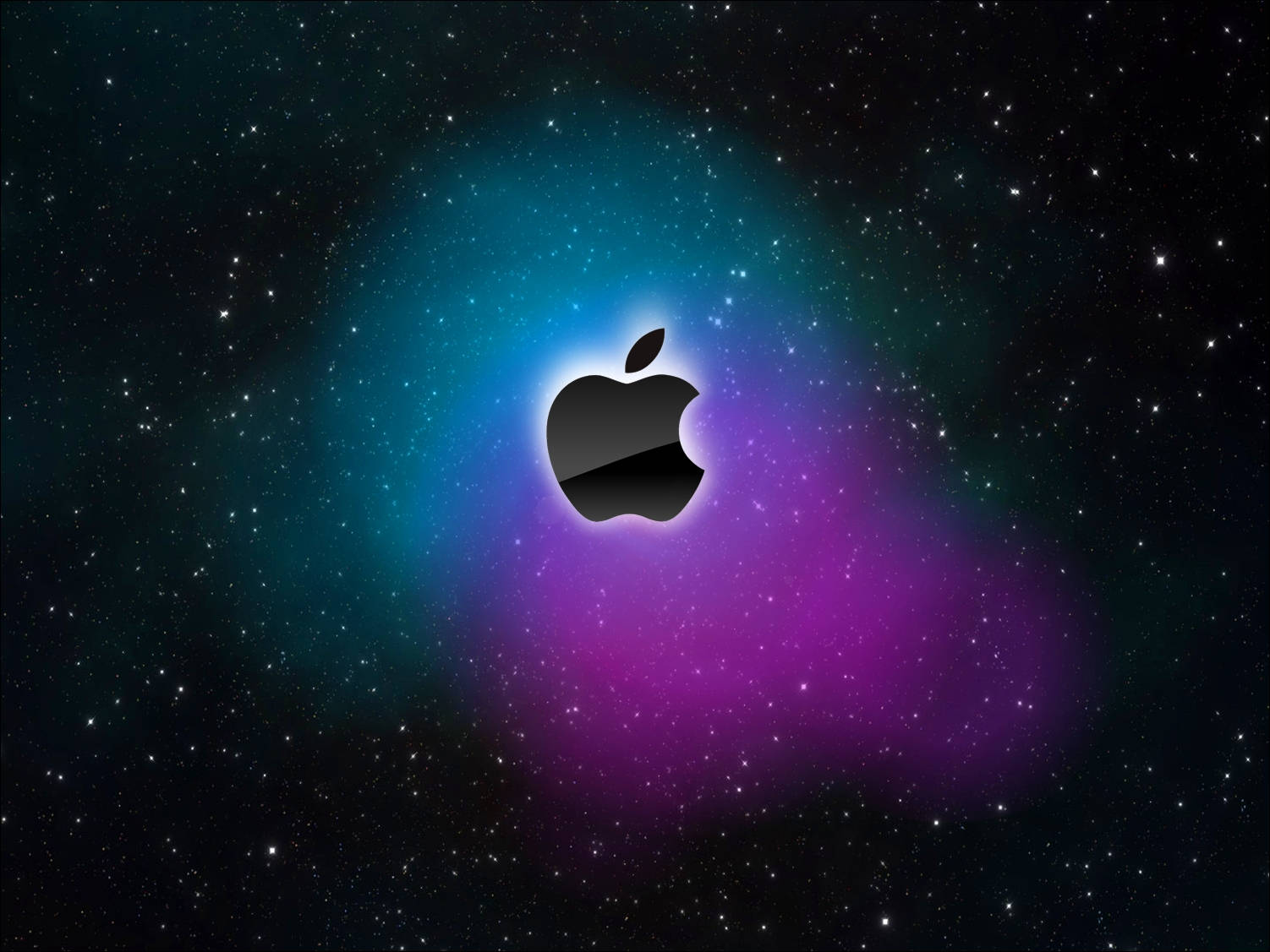 Apple Mac Desktop 桌布 壁紙 — 一個時尚的黑色Apple標誌在星星和旋轉的藍綠色紫色星雲的宇宙背景下發光。