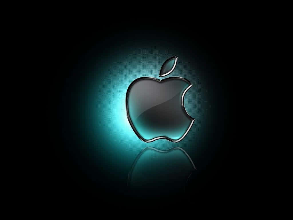 Mac 桌布 壁紙 — 一個時尚的黑色Apple標誌在深色背景上發出充滿活力的青綠色光暈，下方有微妙的倒影。
