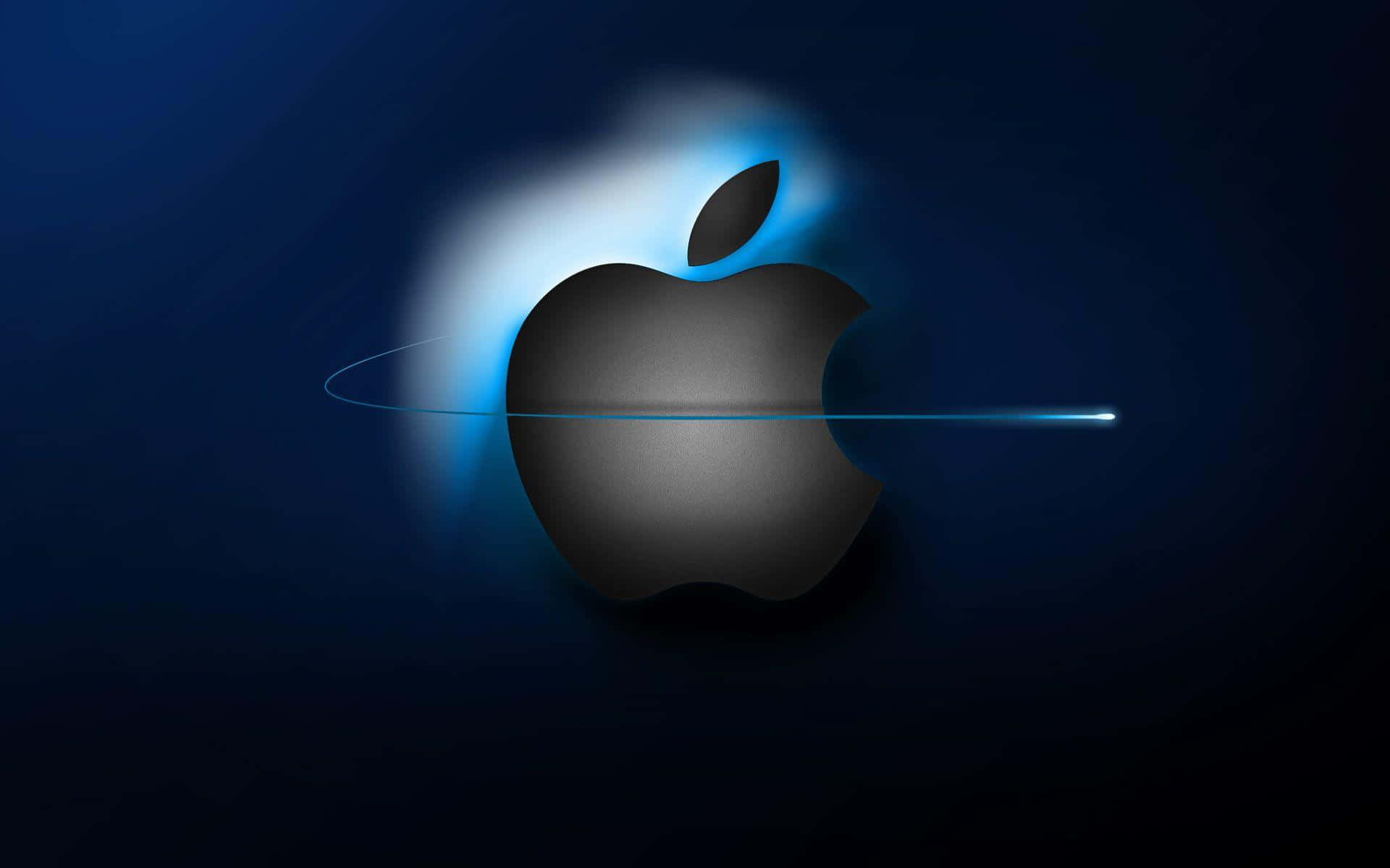 桌布 壁紙 — 一個時尚的黑色Apple標誌在深藍色漸變背景上散發出鮮豔的藍色光芒。