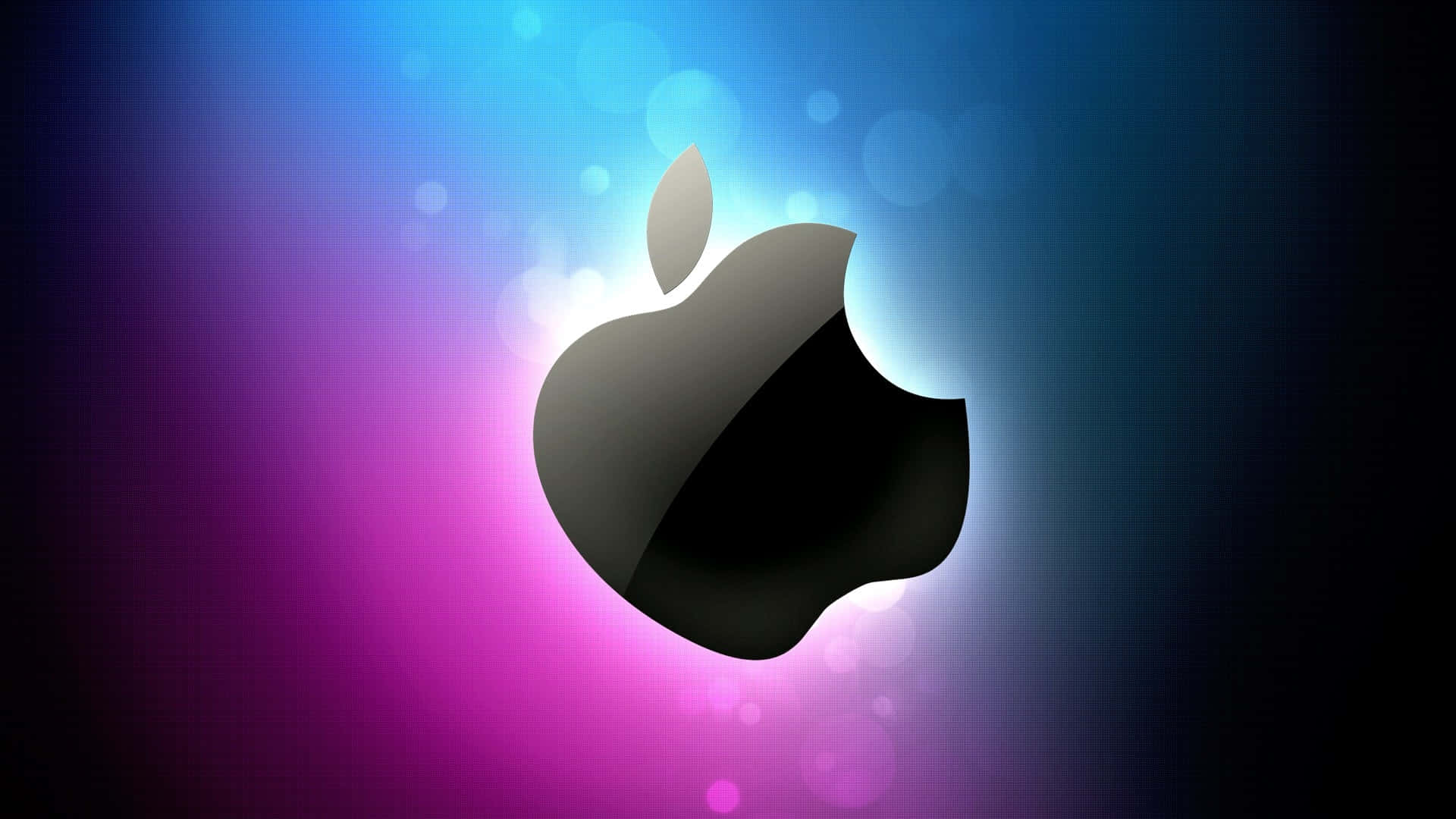 蘋果 桌布 壁紙 — 一個時尚的黑色Apple標誌在藍色和紫色的鮮豔漸層以及柔和散景燈光中發光。