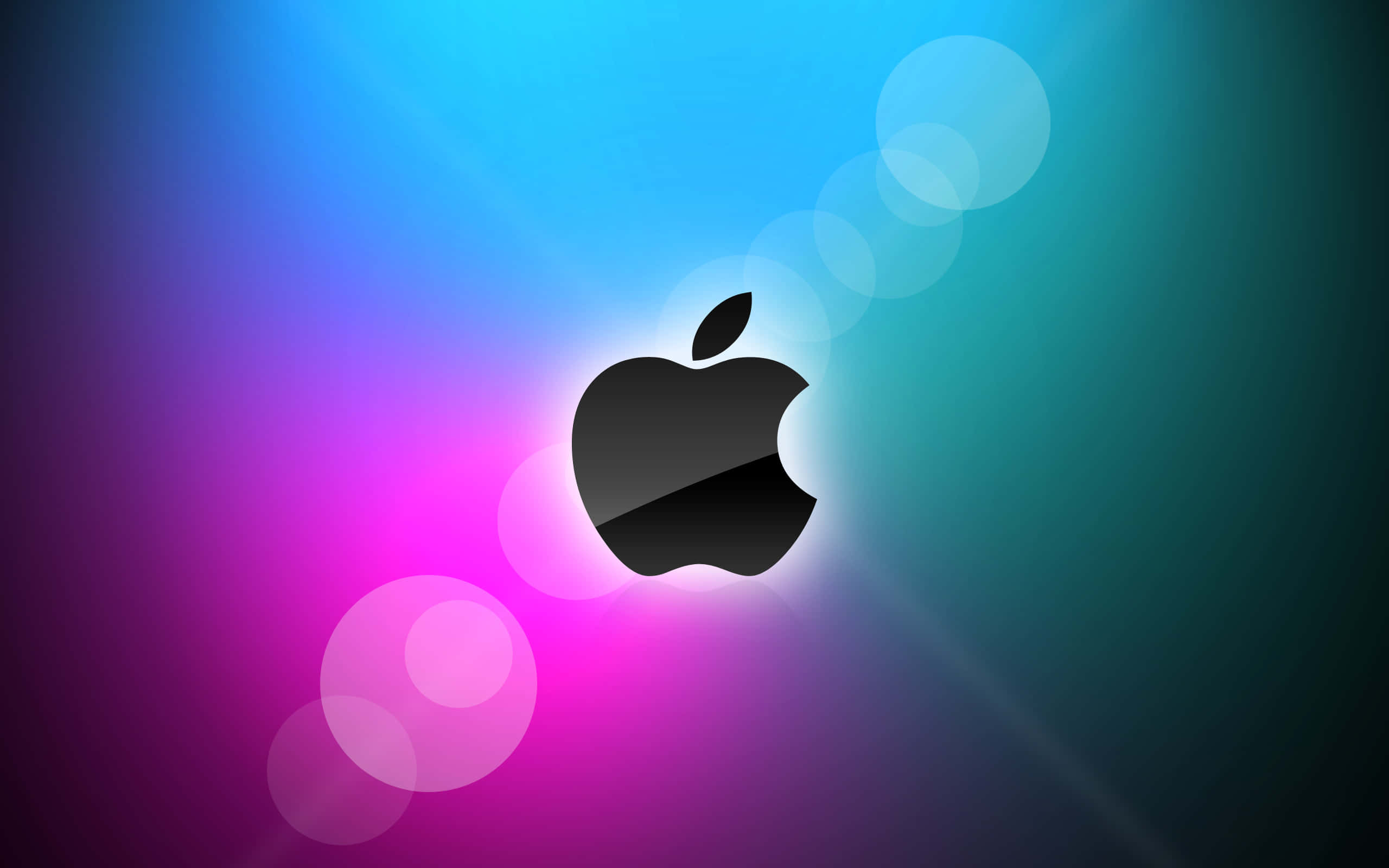 Cool Apple 桌布 壁紙 — 一個時尚的黑色Apple標誌在藍色、紫色和藍綠色的鮮豔漸變背景中發光，並帶有柔和的散景燈光。