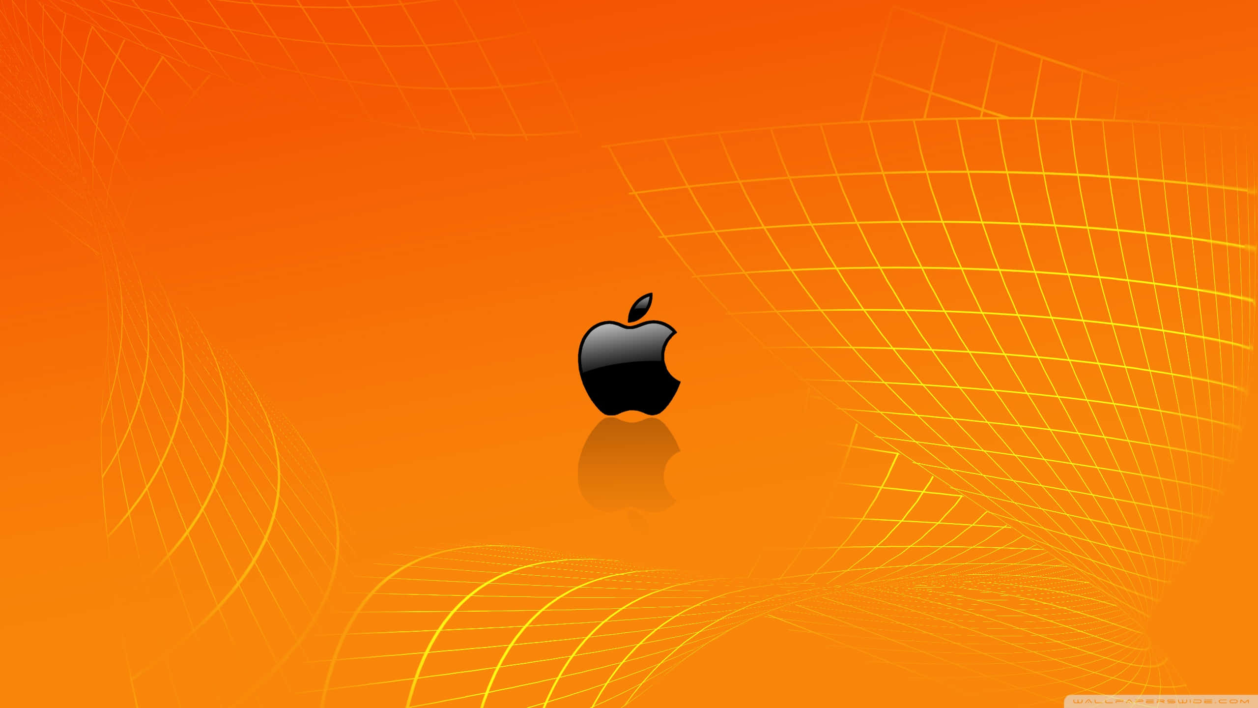 蘋果 桌布 壁紙 — 一個時尚的黑色Apple標誌放置在充滿活力的橙色漸變背景上，帶有流動的黃色網格線。
