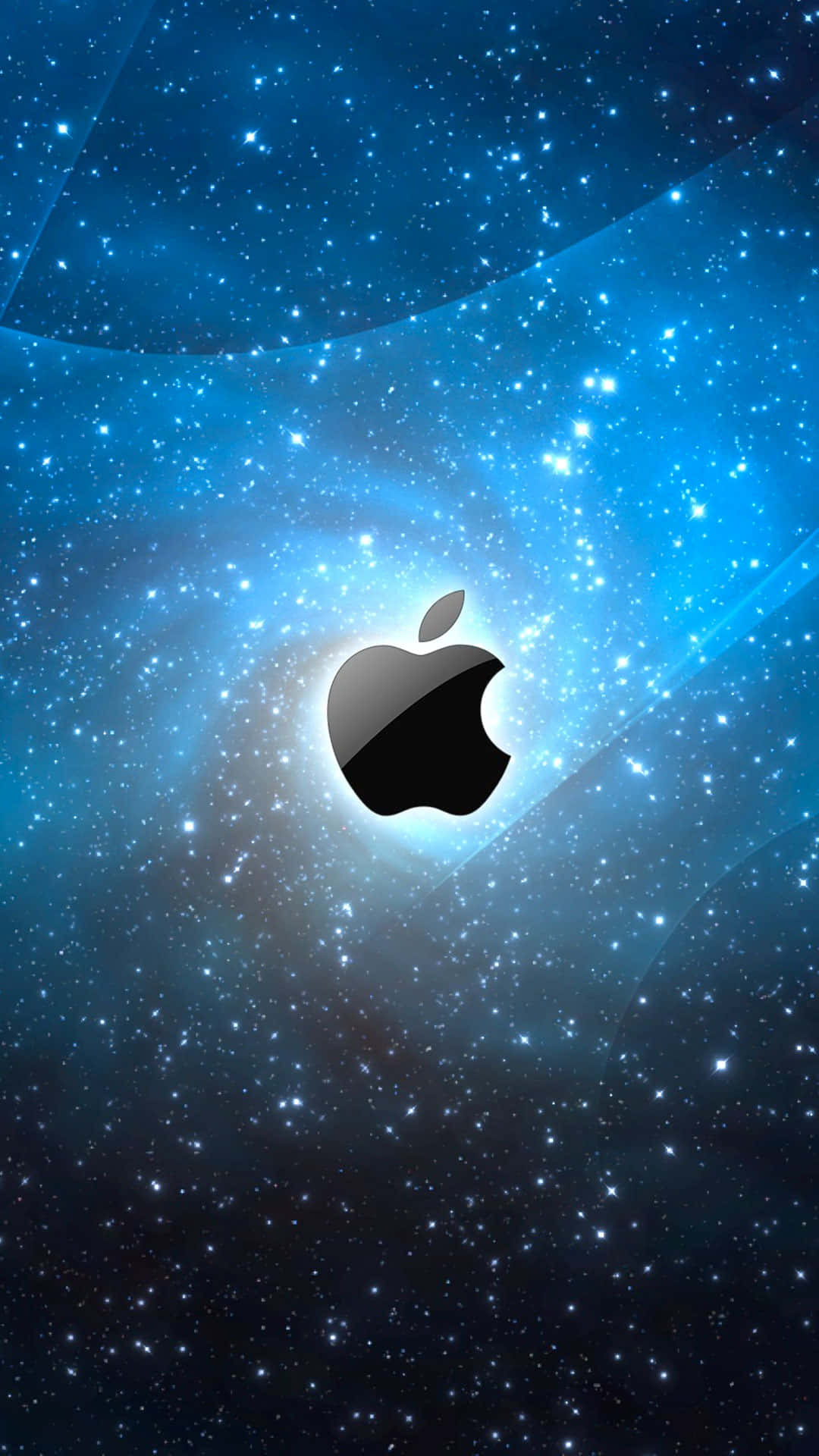 蘋果標誌 iPhone 桌布 壁紙 — 一個時尚的黑色Apple標誌漂浮在充滿活力的藍色星域中，帶有發光的宇宙射線和散落的星星。