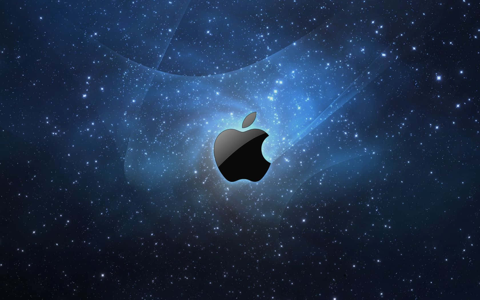 太空 桌布 壁紙 — 一個時尚的黑色Apple標誌漂浮在深藍色星空背景上，帶有發光的宇宙射線。