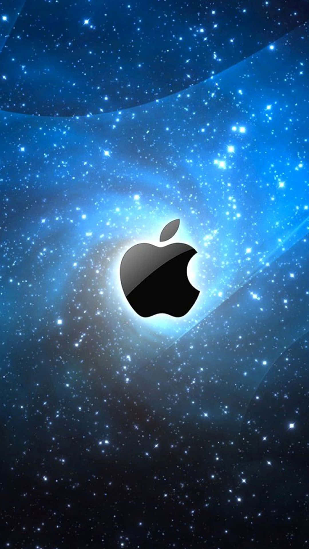 iPhone X Apple Logo 桌布 壁紙 — 一個時尚的黑色Apple標誌漂浮在充滿閃爍星星的鮮豔藍色宇宙星雲中。