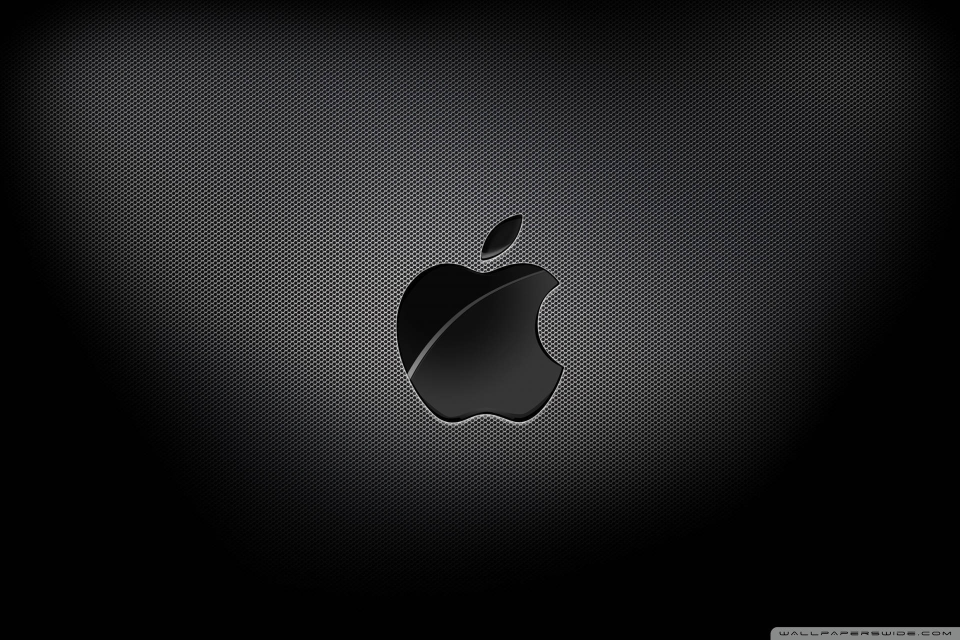 4K 桌布 壁紙 — 一個時尚的黑色Apple標誌置於深色紋理網格背景中央，帶有微妙的照明漸變。