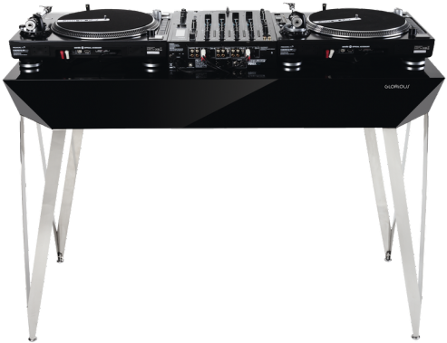 DJ 桌布 壁紙 — 一個時尚的黑色DJ唱盤設置，配備兩個轉盤和混音器，放在現代白色腳架上，背景簡潔。