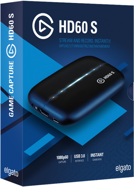 科威特 桌布 壁紙 — 一個時尚的黑色Elgato HD60 S遊戲擷取裝置，展示在一個帶有技術規格的動態藍色幾何產品盒上。