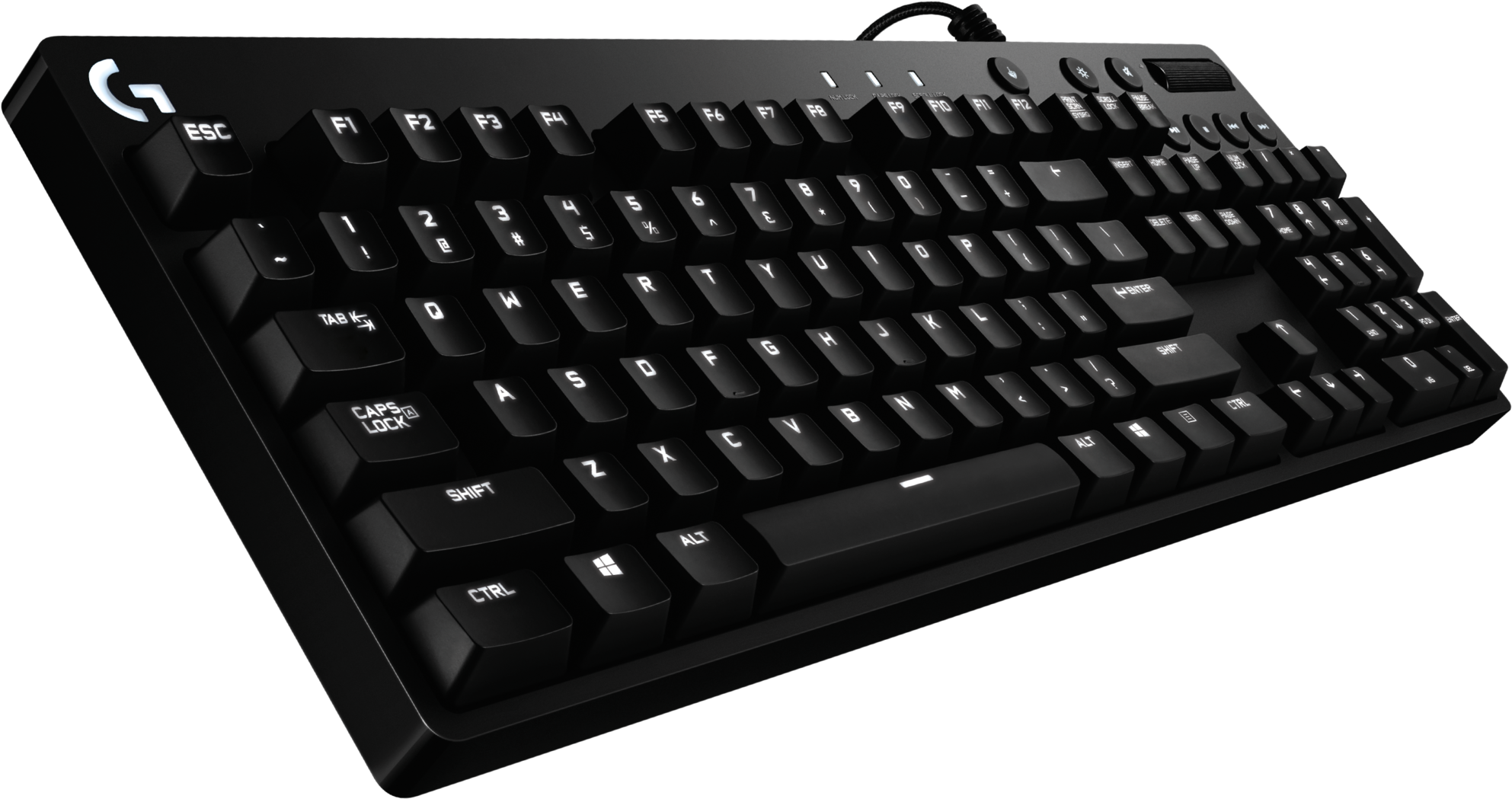 鍵盤 桌布 壁紙 — 一個時尚的黑色Logitech機械鍵盤，傾斜放置在純黑色背景上，帶有微妙的燈光高光。
