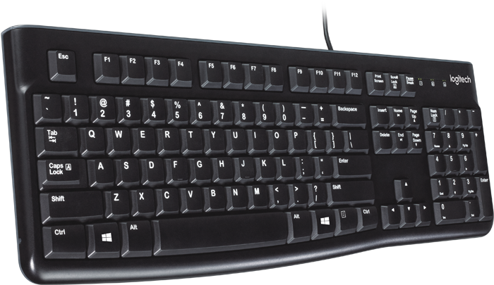 鍵盤 桌布 壁紙 — 一個時尚的黑色Logitech鍵盤，傾斜放置在純白色背景上，可見電纜和按鍵標示。