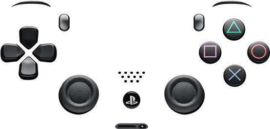 PlayStation 桌布 壁紙 — 一個時尚的黑色PlayStation控制器，帶有發光的彩色按鈕和帶紋理的模擬搖桿，背景為深色。