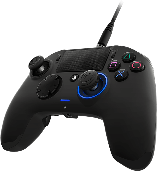 PlayStation 桌布 壁紙 — 一個時尚的黑色PlayStation控制器，帶有發光的藍色燈光和彩色按鈕，孤立在白色背景上。