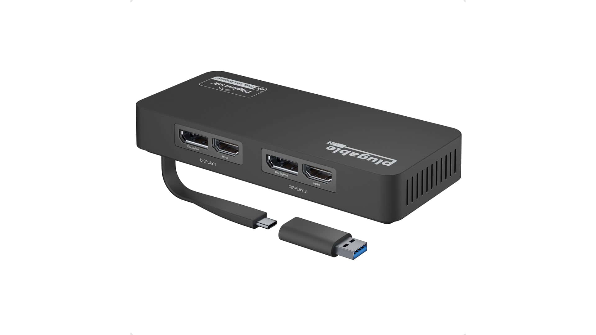 Hdmi 桌布 壁紙 — 一個時尚的黑色Pluggable多端口HDMI分配器，帶有USB-C線纜和USB-A轉接器，置於潔白背景上。