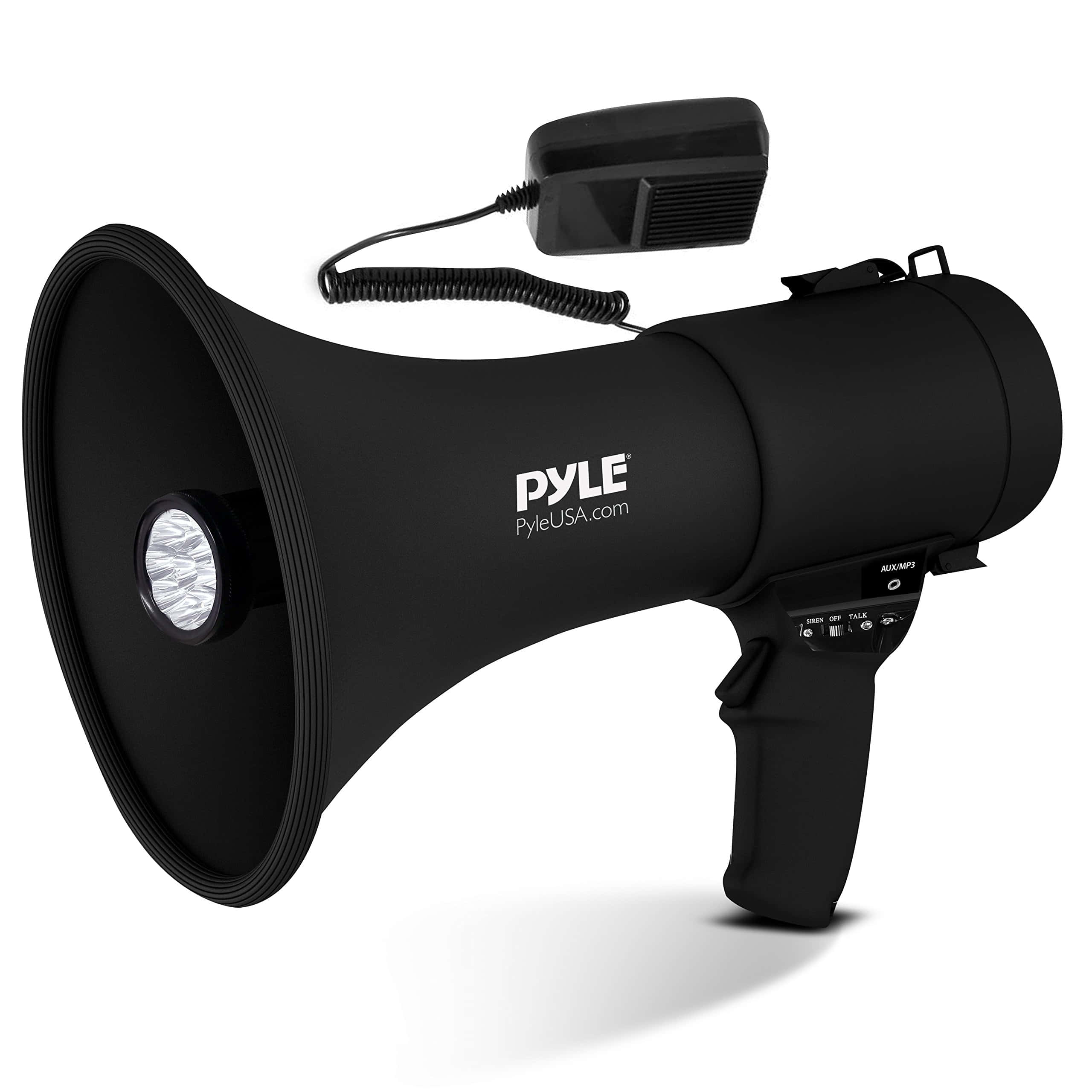工具 桌布 壁紙 — 一個時尚的黑色Pyle擴音器，內建LED燈和麥克風，置於潔白背景上。