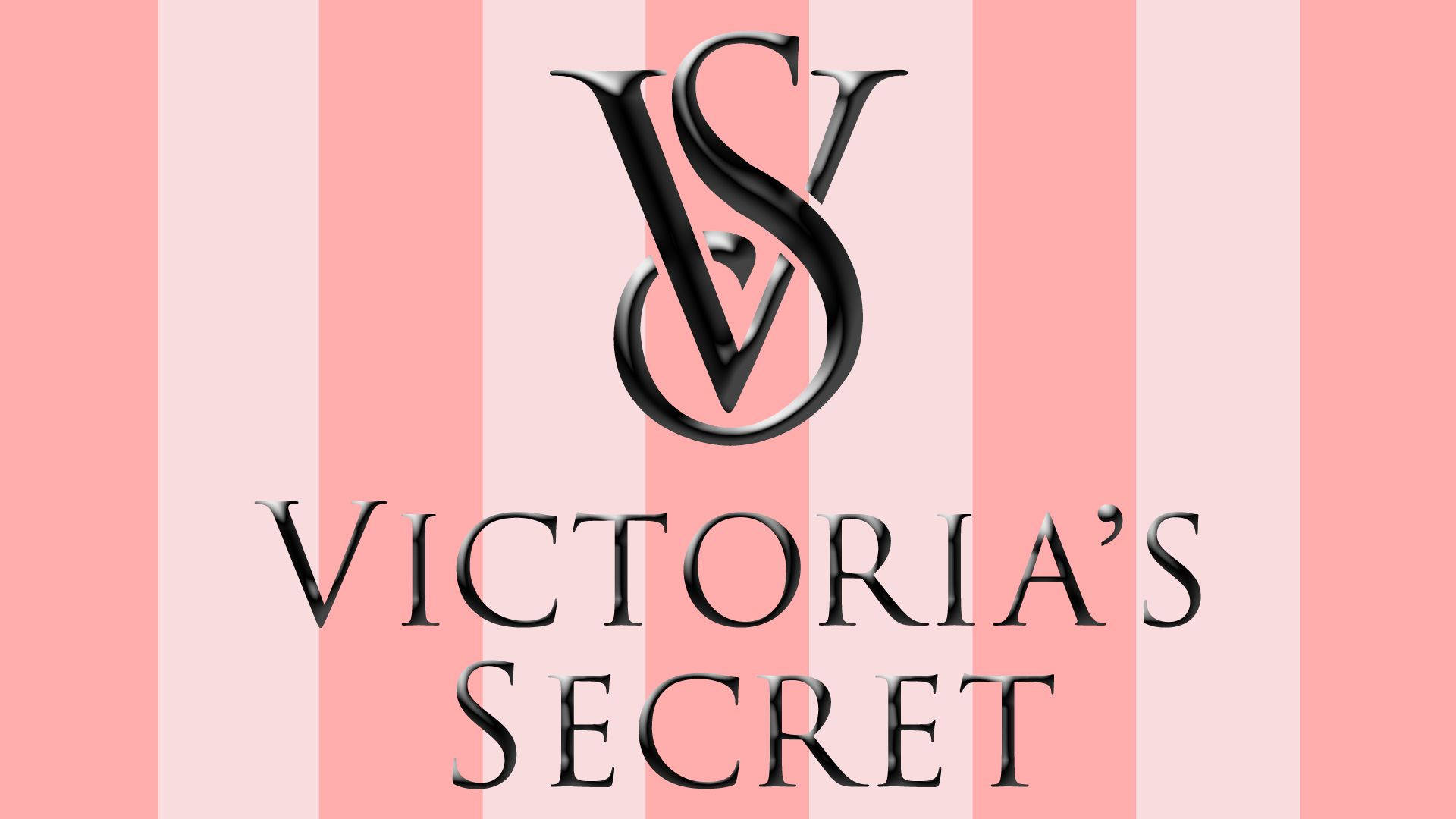 victoria 桌布 壁紙 — 一個時尚的黑色Victoria's Secret標誌，居中在柔和的粉紅色和淺粉紅色垂直條紋上。