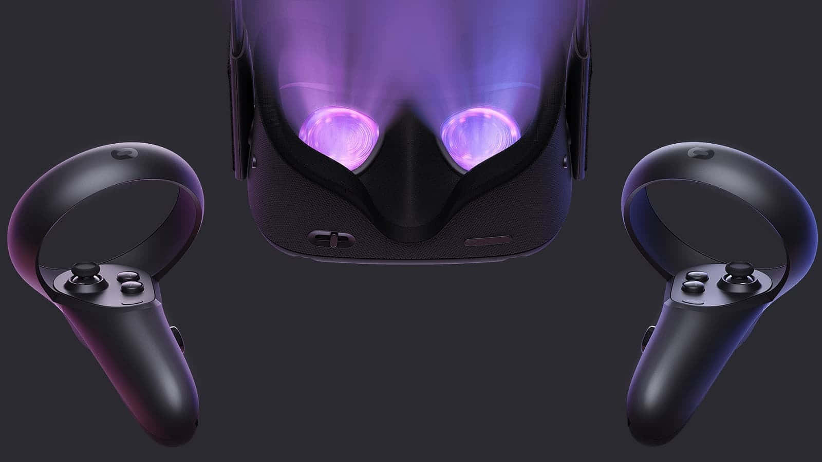 Oculus Quest 2 桌布 壁紙 — 一個時尚的黑色VR頭戴式裝置，帶有發光的紫色鏡頭，居中放置在兩個匹配的控制器之間，背景為深灰色。