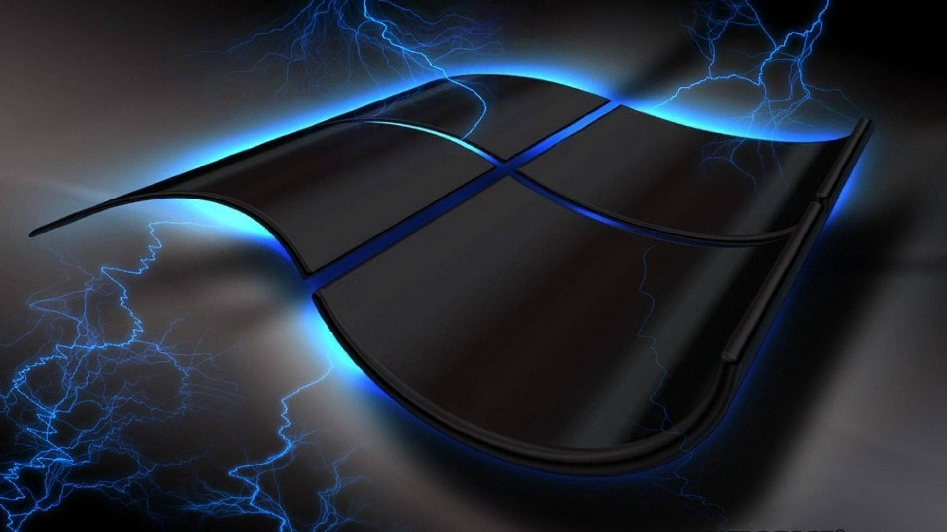 Windows 10 高畫質 桌布 壁紙 — 一個時尚的黑色Windows標誌在深色背景上發出電光藍色的閃電光芒。