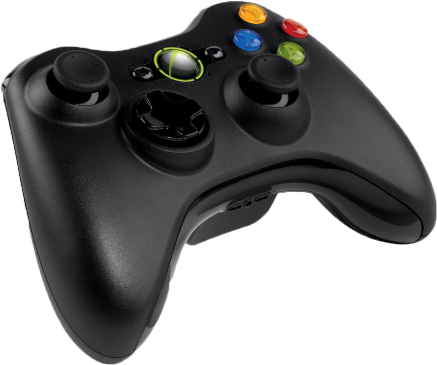 Xbox 桌布 壁紙 — 一個時尚的黑色Xbox 360控制器，帶有彩色按鈕和發光標誌，背景透明。