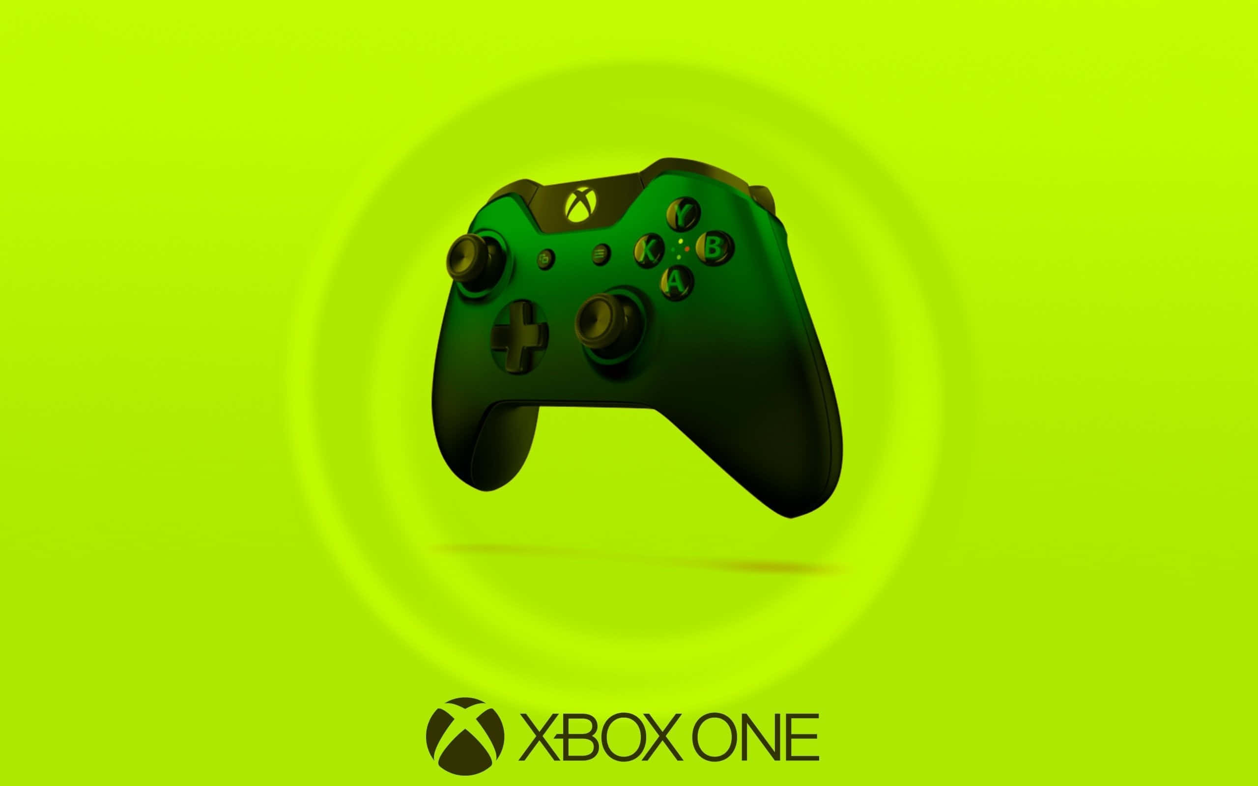 Xbox 桌布 壁紙 — 一個時尚的黑色Xbox One手把漂浮在充滿活力的萊姆綠色漸變背景上，帶有微妙的圓形光效。