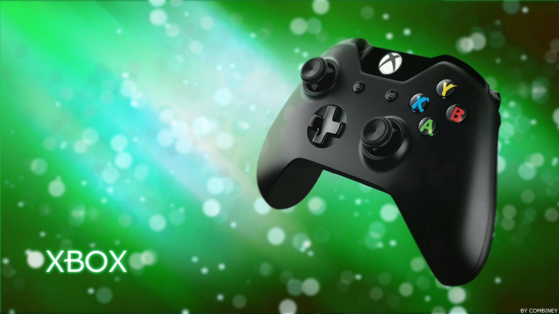 Xbox 桌布 壁紙 — 一個時尚的黑色Xbox控制器漂浮在充滿發光粒子的鮮綠色散景背景上。