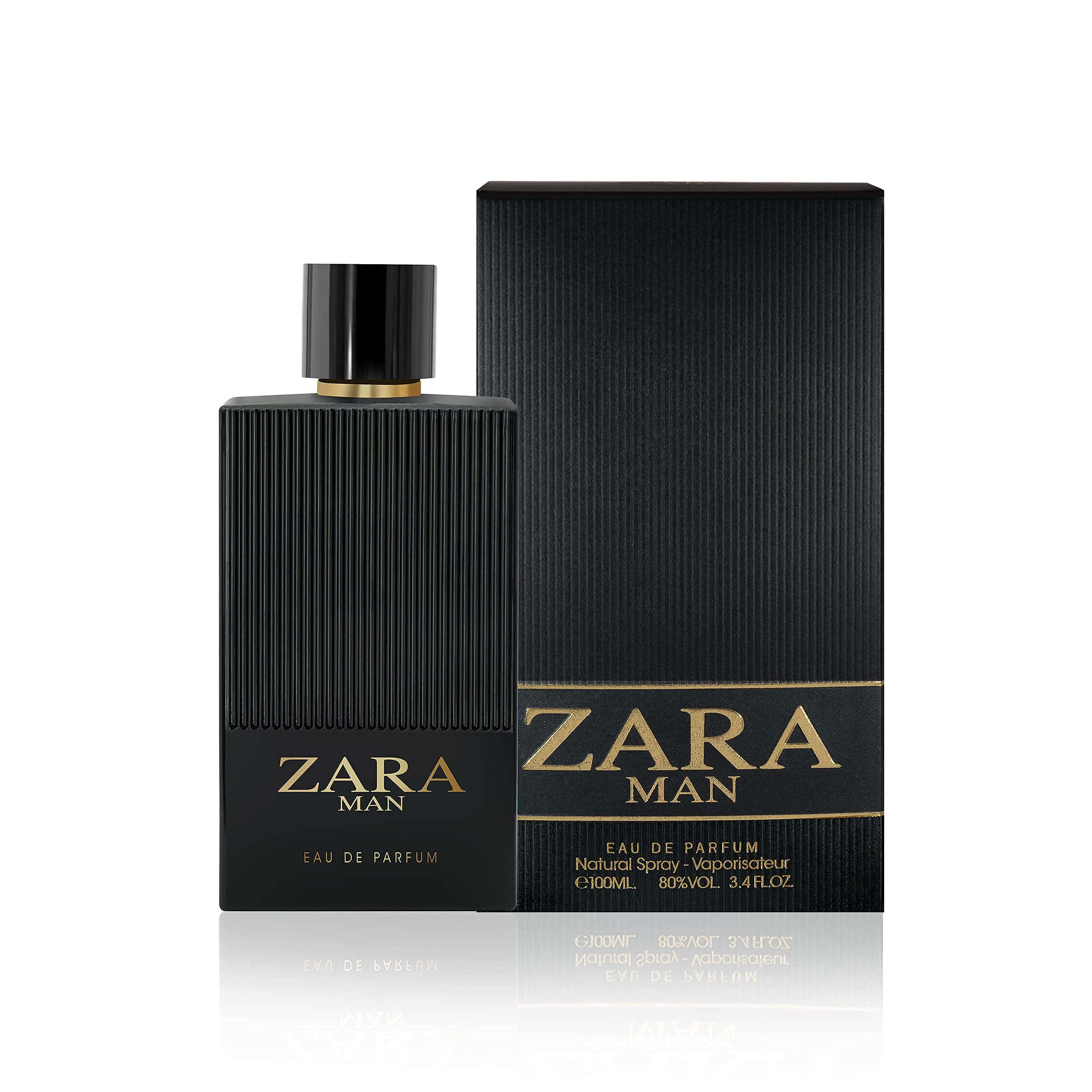 Zara 桌布 壁紙 — 一個時尚的黑色Zara Man香水瓶，帶有金色點綴，放在反射的白色表面上，旁邊是匹配的盒子。