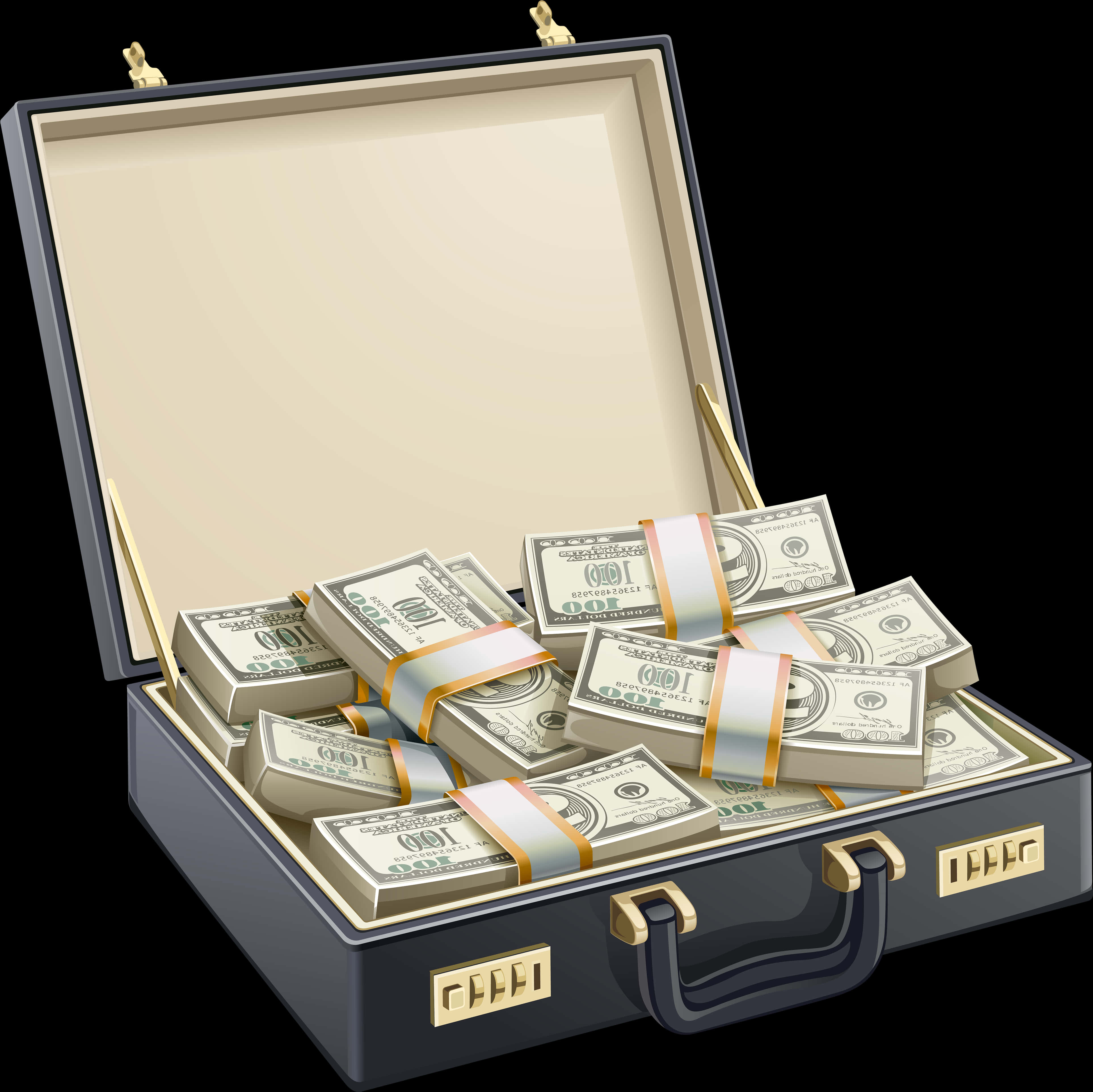 Briefcase 桌布 壁紙 — 一個時尚的黑色公事包，裝滿了一疊疊捆好的百元美鈔，背景是純黑色。
