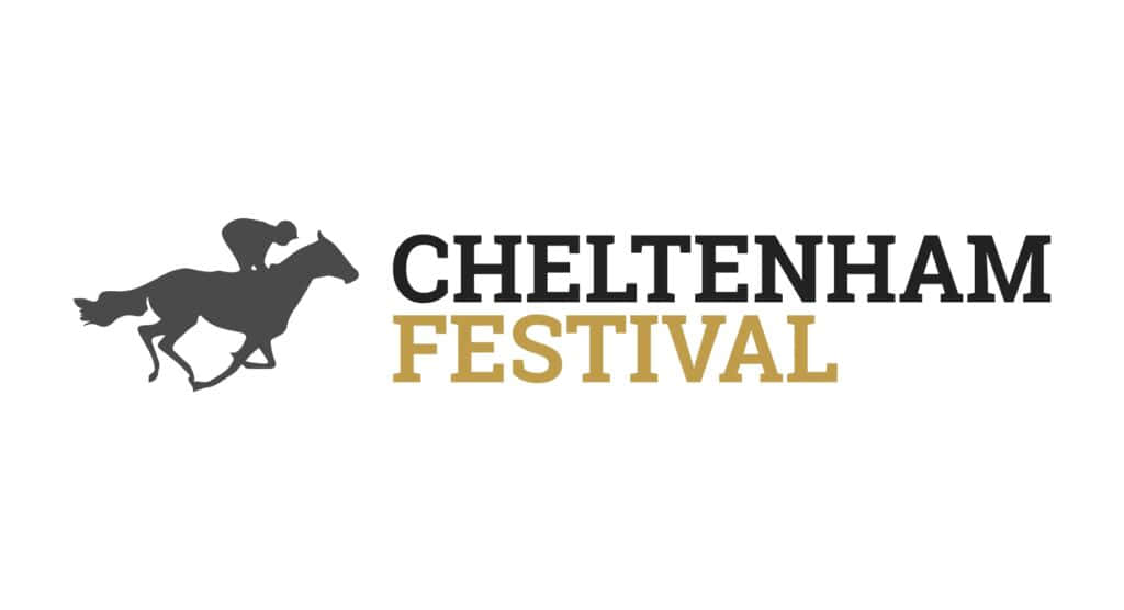 Cheltenham Festival 桌布 壁紙 — 一個時尚的黑色剪影，描繪騎師騎著奔騰的馬匹，旁邊是黑金色的粗體文字「CHELTENHAM FESTIVAL」。