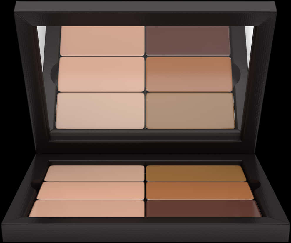 Makeup Kit 桌布 壁紙 — 一個時尚的黑色化妝盤打開，露出八個光滑的米色和棕色粉末色調，排列成兩行。