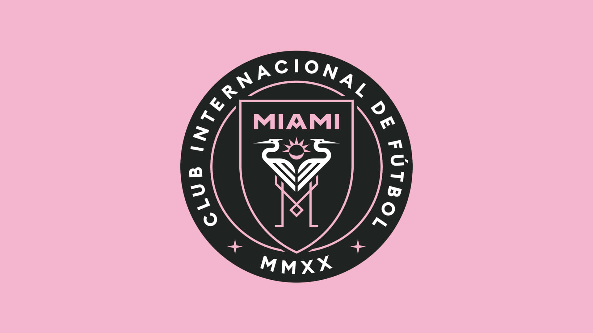 足球 桌布 壁紙 — 一個時尚的黑色和粉紅色圓形標誌，用於 Club Internacional de Fútbol Miami，置於純粉紅色背景上。