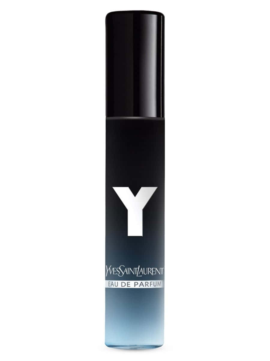 Ysl 桌布 壁紙 — 一個時尚的黑色和藍色漸變 Yves Saint Laurent Y Eau de Parfum 香水瓶，採用極簡設計，背景為白色。