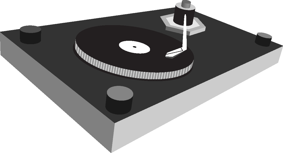 DJ 桌布 壁紙 — 一個時尚的黑色唱盤，黑膠唱片在唱臂下旋轉，置於簡約的灰色底座上。