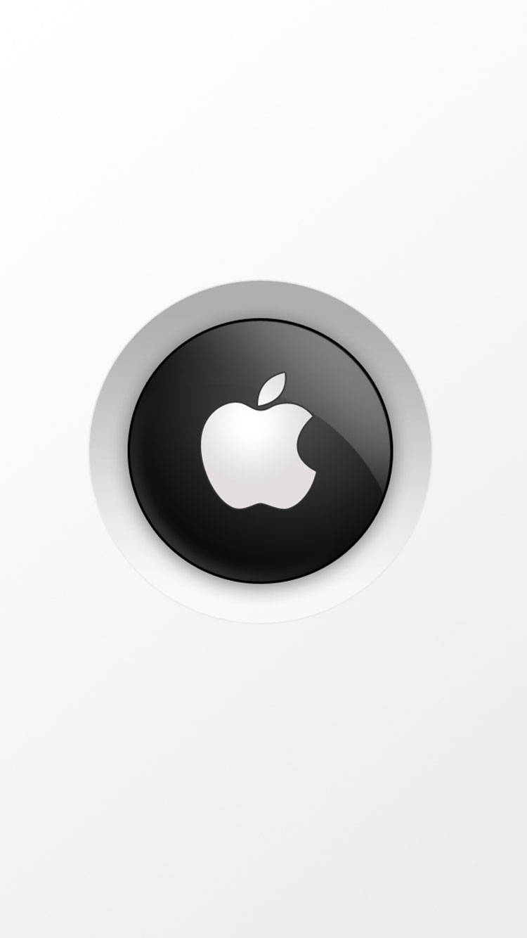 蘋果 桌布 壁紙 — 一個時尚的黑色圓形按鈕，中央有一個銀色 Apple 標誌，位於簡約的白色背景上。
