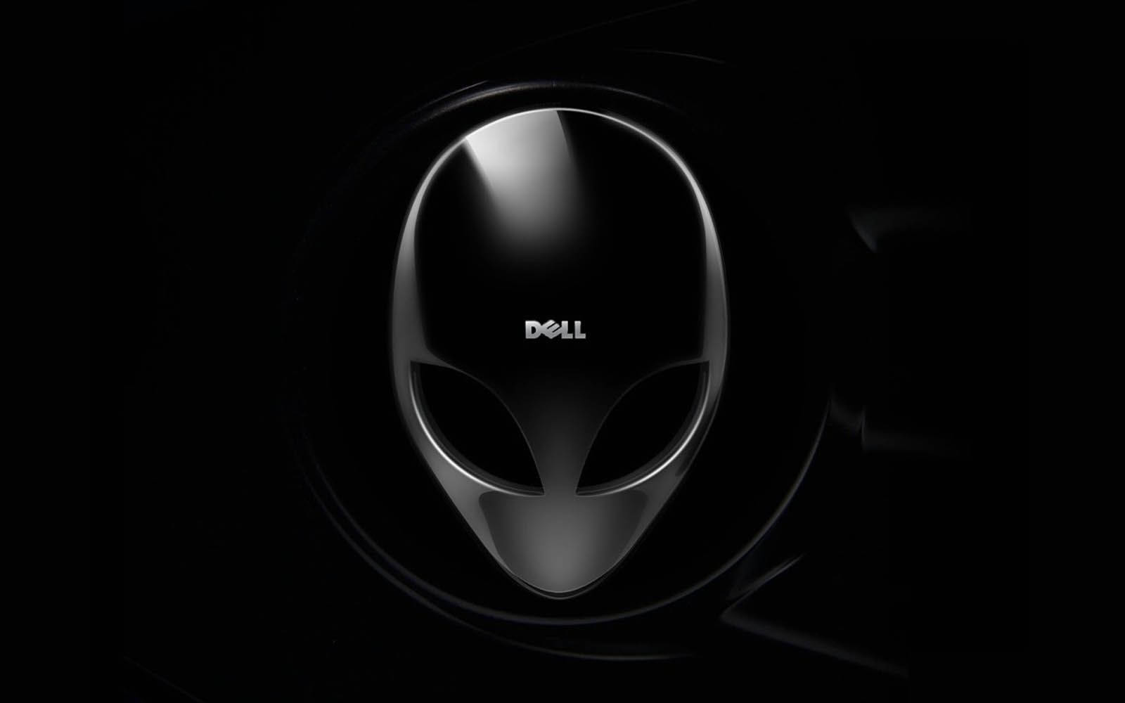 Dell 桌布 壁紙 — 一個時尚的黑色外星人頭標誌，帶有「DELL」文字，在黑暗背景中微微發光。