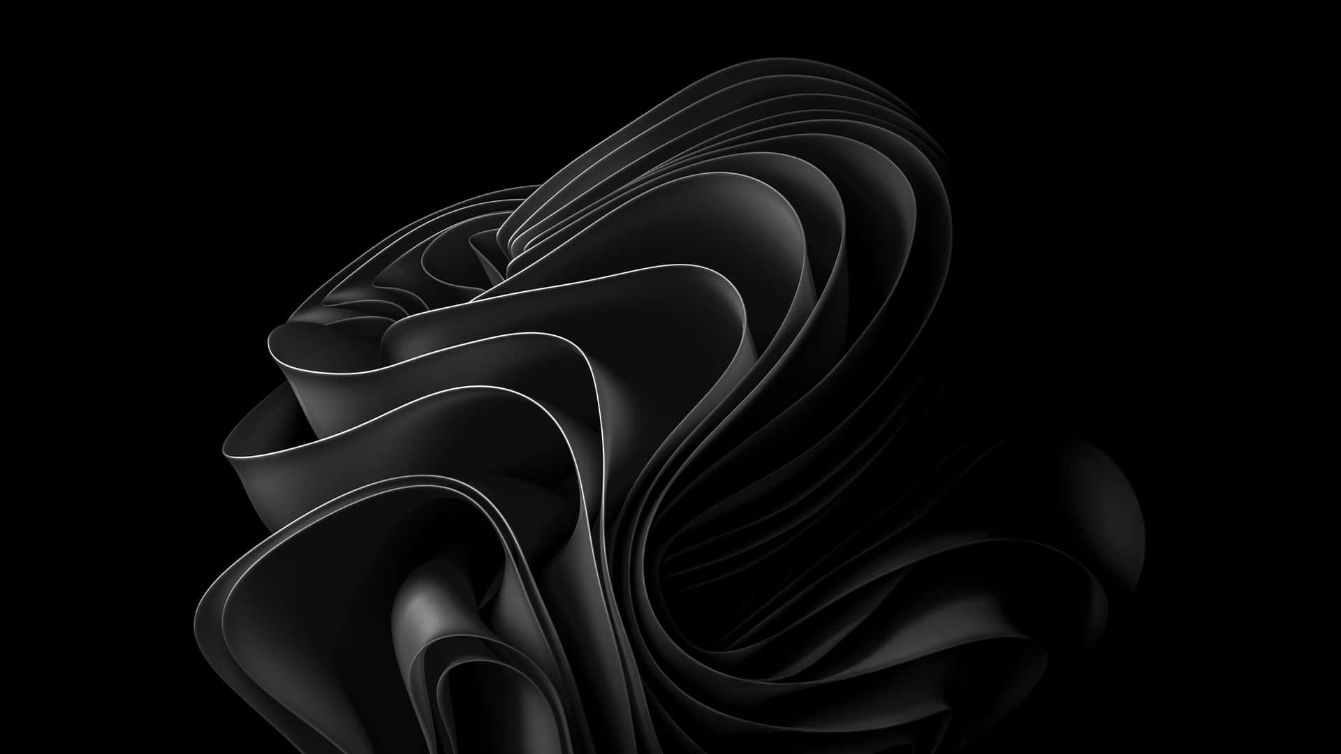 Abstract Windows 11 Wallpaper 壁紙 — 一個時尚的黑色抽象雕塑，帶有發光的白色邊緣，在純黑色背景上動態旋轉。