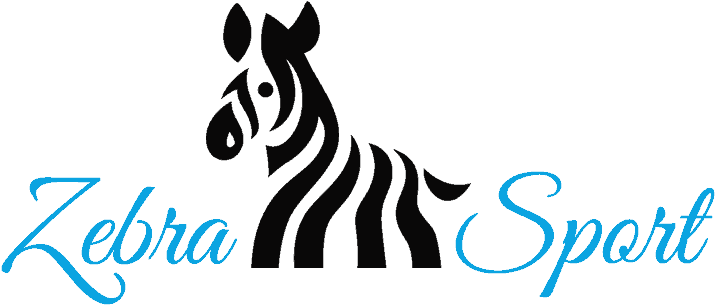 Zebra 桌布 壁紙 — 一個時尚的黑色斑馬剪影站在優雅的藍色草書文字「Zebra Sport」後面，背景為純黑色。