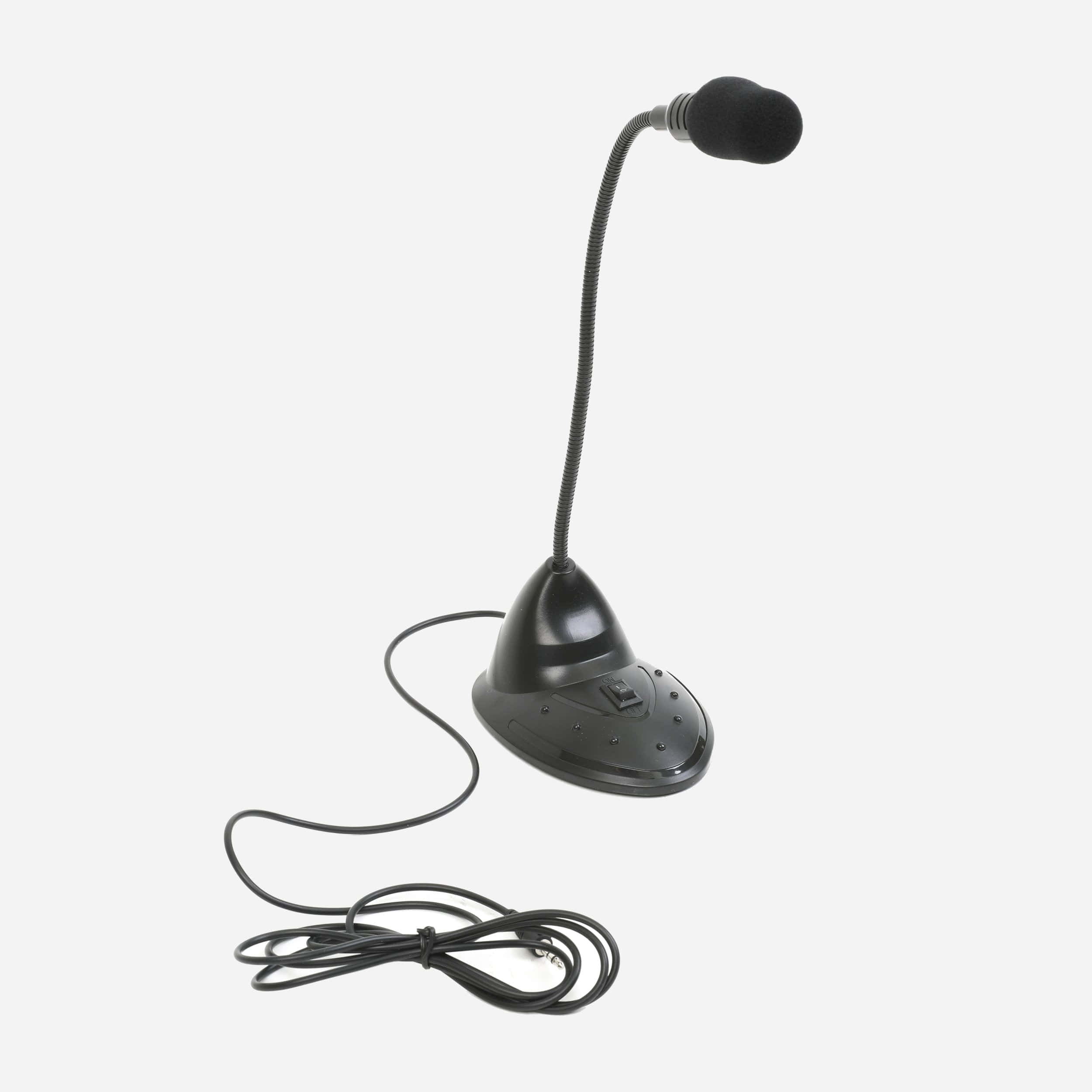 Microphone 桌布 壁紙 — 一個時尚的黑色桌面麥克風，帶有靈活的鵝頸管和螺旋電線，置於純白色背景前。