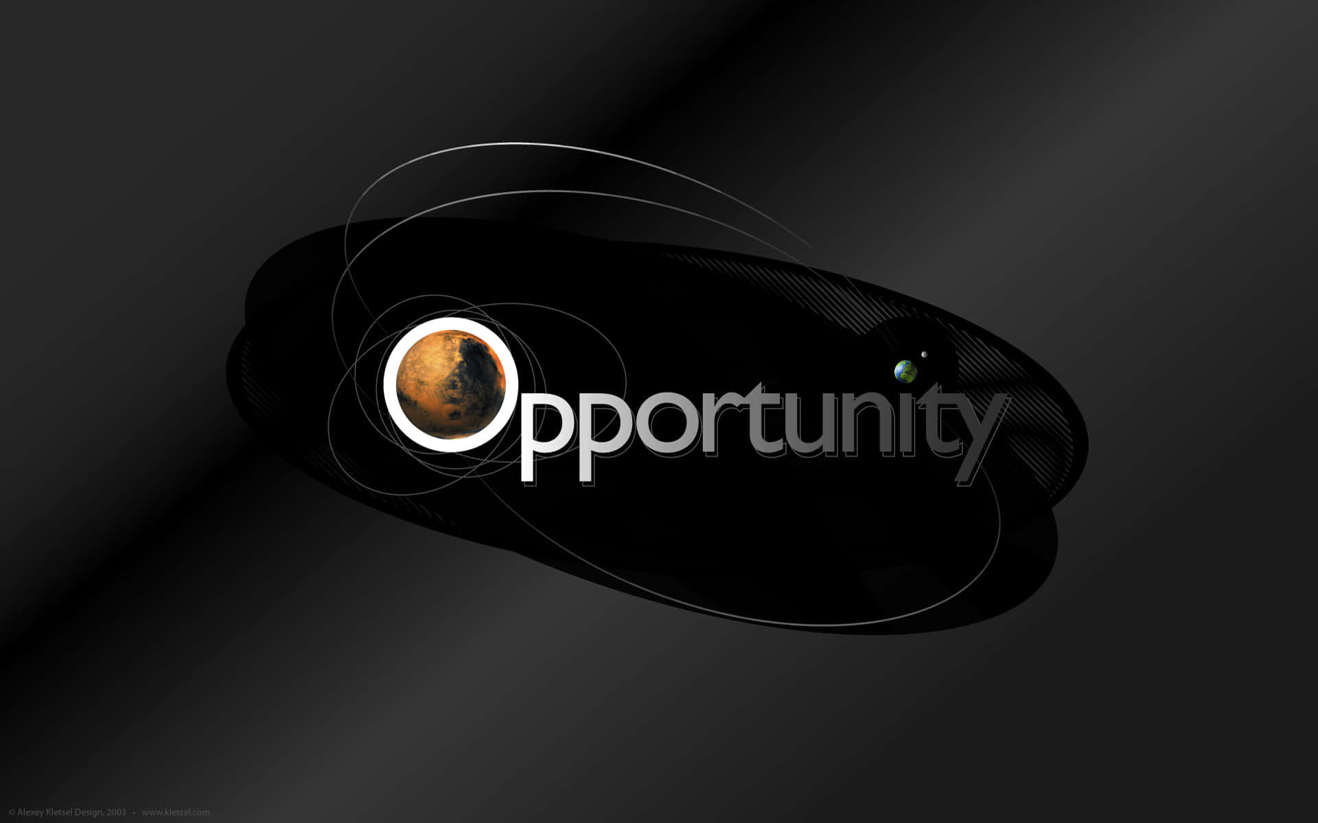 Word 桌布 壁紙 — 一個時尚的黑色橢圓形，白色文字寫著Opportunity，字母O中有一個類似火星的行星，附近有一個小的綠色行星。